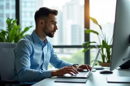 Jeune homme au bureau utilisant son ordinateur portable