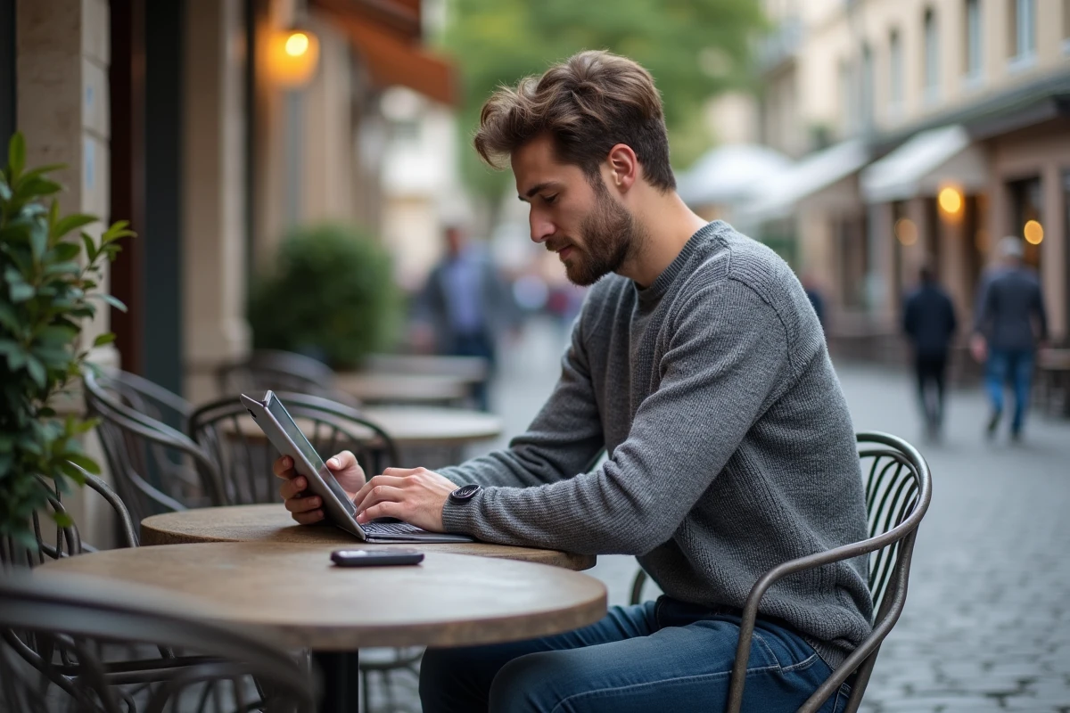 Jeune homme au café à Grenoble utilisant sa tablette
