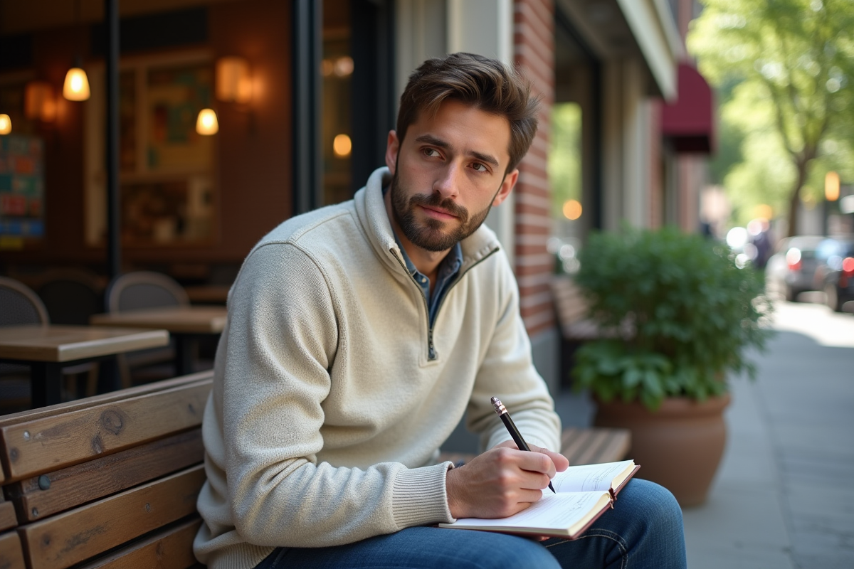 Jeune homme prenant des notes dans un café urbain animé