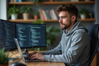 Jeune homme concentré devant ses écrans en home office