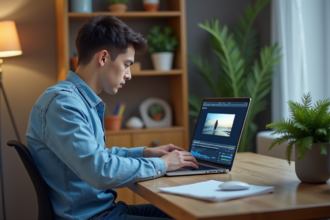 Jeune homme utilisant un ordinateur pour conversion vidéo
