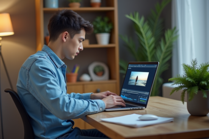 Jeune homme utilisant un ordinateur pour conversion vidéo