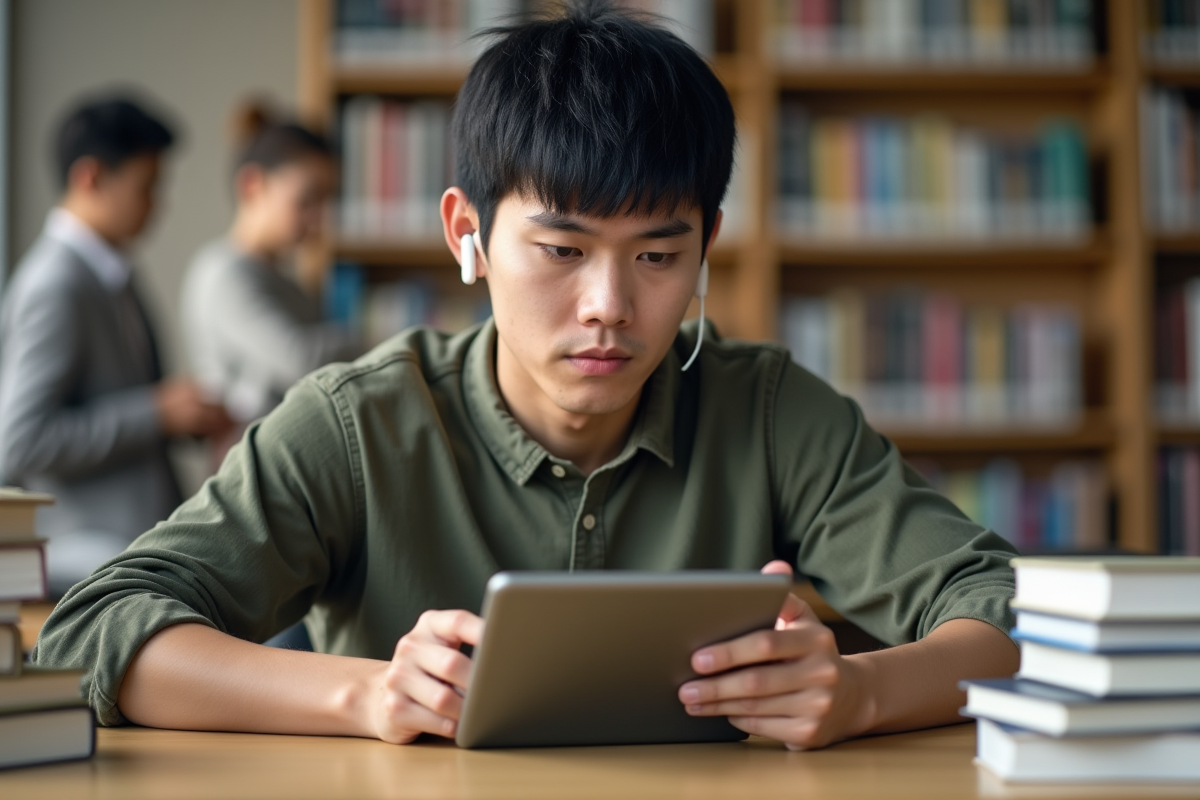 Jeune homme écoutant avec des écouteurs dans une bibliothèque