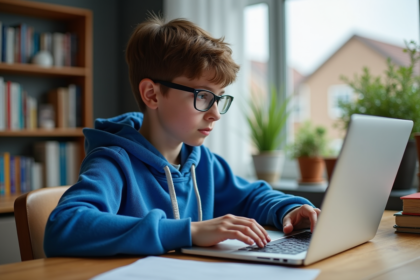 Jeune garçon en hoodie bleu utilisant un ordinateur éducatif à la maison