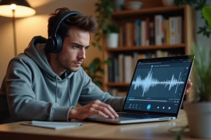 Jeune homme frustré utilisant un ordinateur pour convertir YouTube en MP3