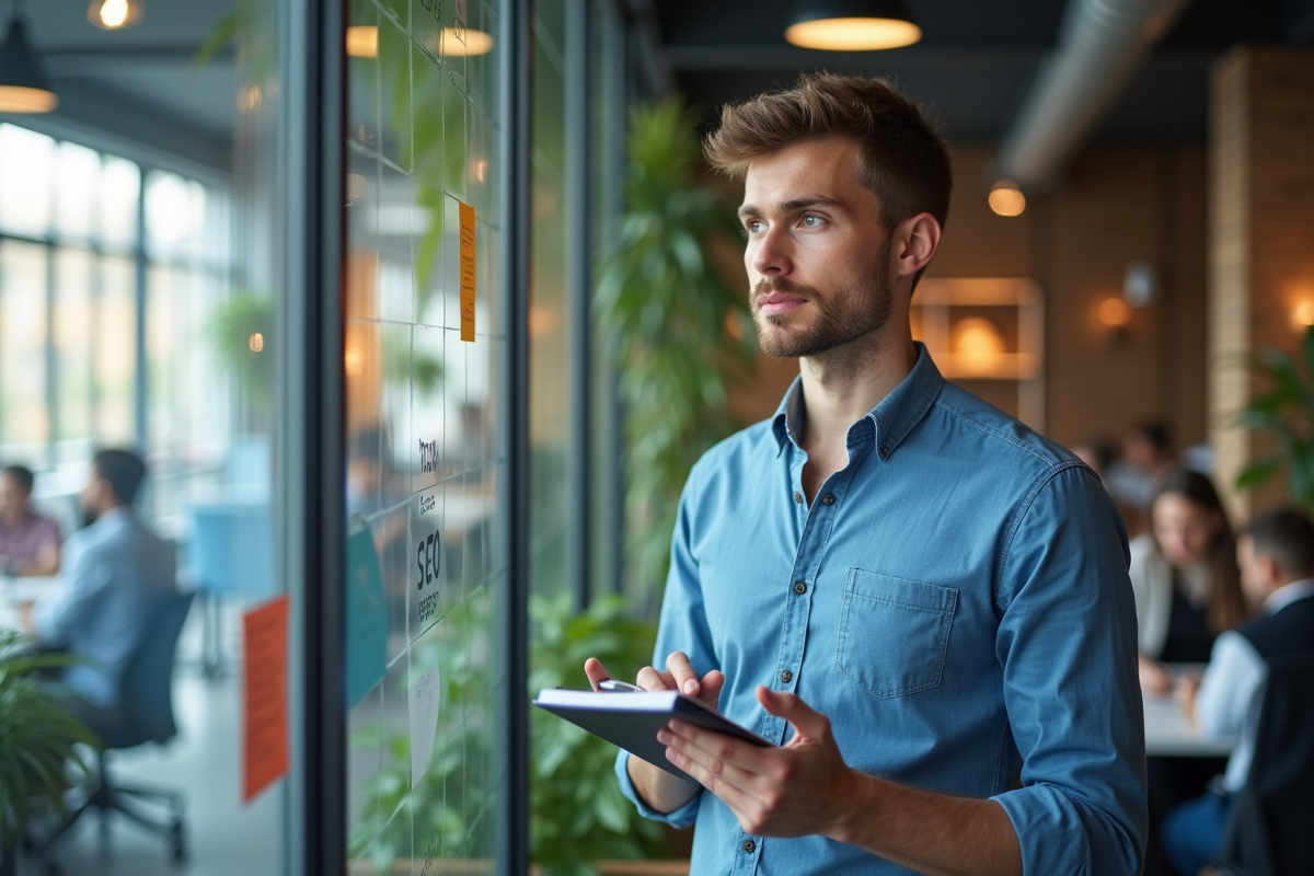 Jeune homme planifiant stratégie SEO avec notes sur vitre