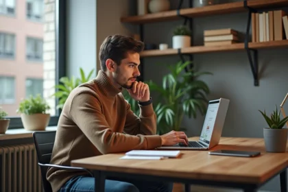 Jeune homme concentré travaillant sur son ordinateur dans un bureau moderne
