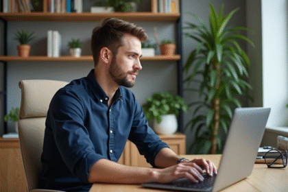 Jeune homme professionnel travaillant sur ses backlinks dans un bureau lumineux