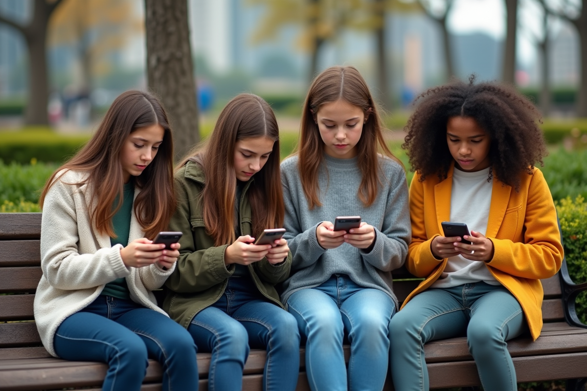 Groupe de jeunes ados utilisant leurs smartphones en plein air