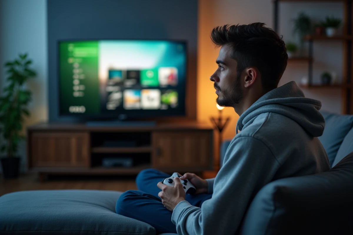 Joueur adulte concentré devant un écran affichant l'interface Xbox dans un salon moderne