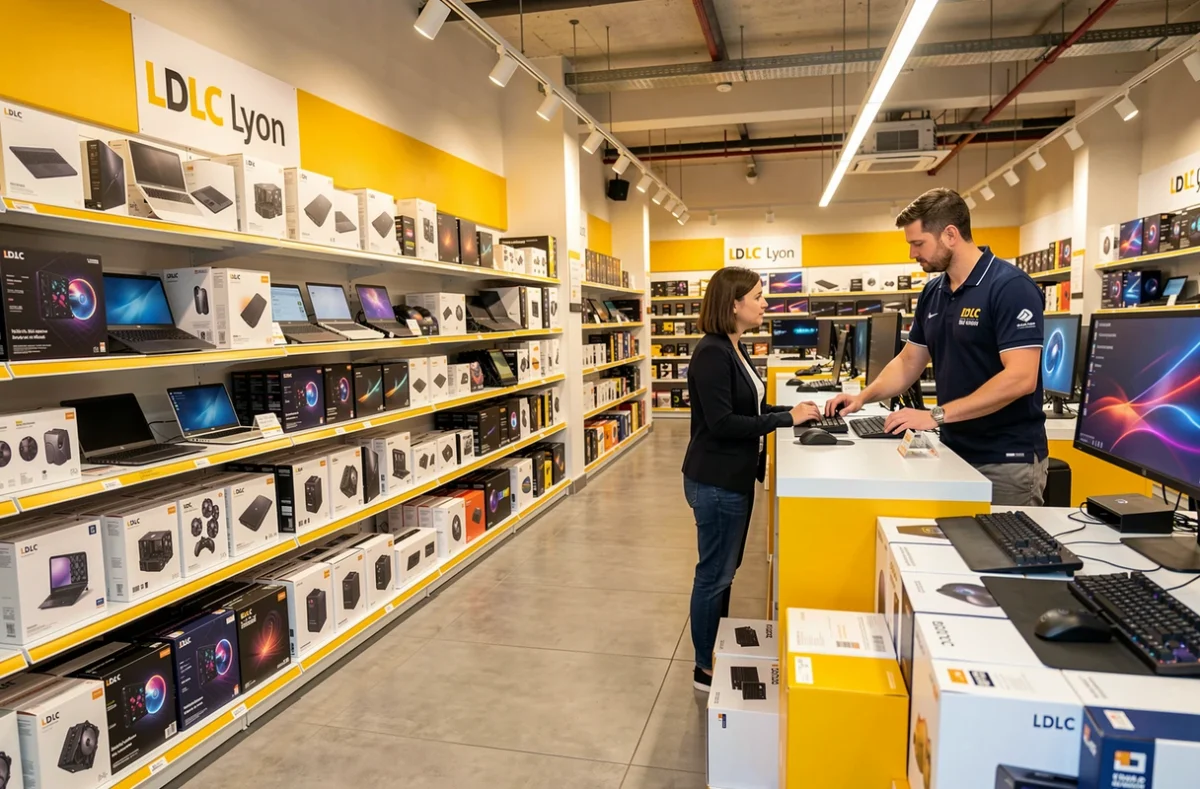 Intérieur du magasin LDLC Lyon avec des rayons d'équipements informatiques et un vendeur conseillant un client