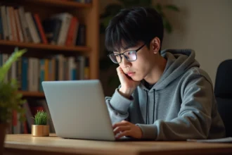 Jeune homme lisant des scans de manga en ligne sur son ordinateur portable dans un bureau à domicile, entouré de volumes de manga sur des étagères