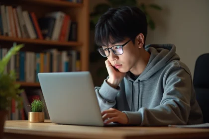 Jeune homme lisant des scans de manga en ligne sur son ordinateur portable dans un bureau à domicile, entouré de volumes de manga sur des étagères
