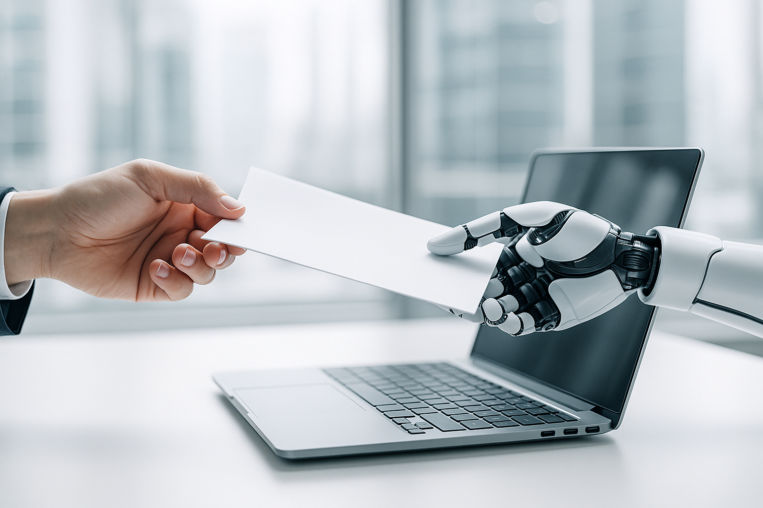 Main humaine et robot échangeant un document dans un espace futuriste