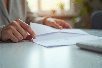 Main plaçant une lettre officielle dans une enveloppe blanche