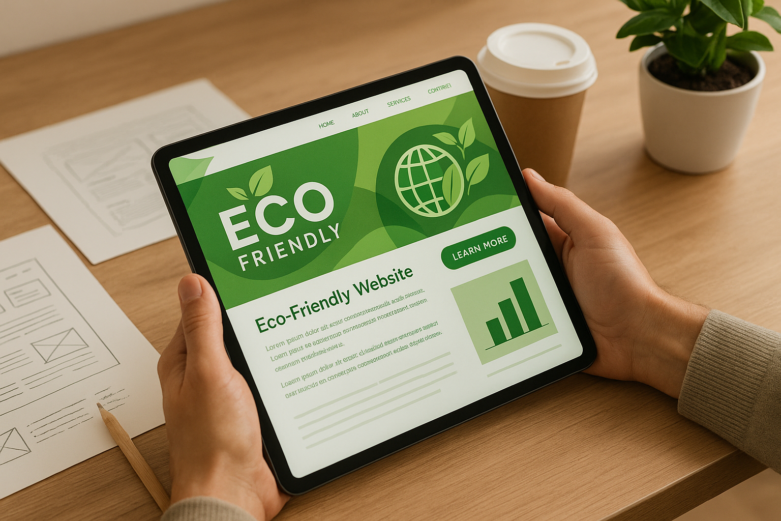 Mains tenant une tablette avec maquette de site écologique