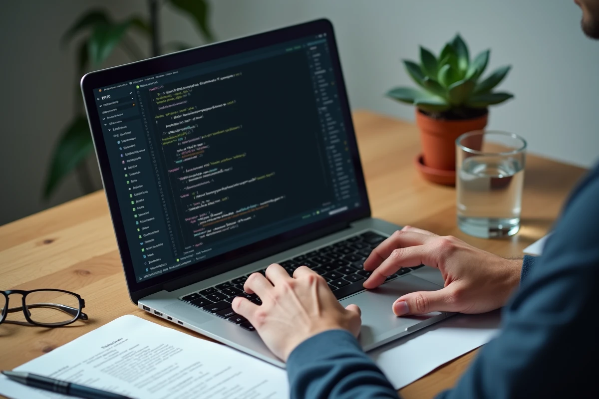 Mains de développeur sur un clavier avec un éditeur de code HTML affichant des exemples commentés de formulaire