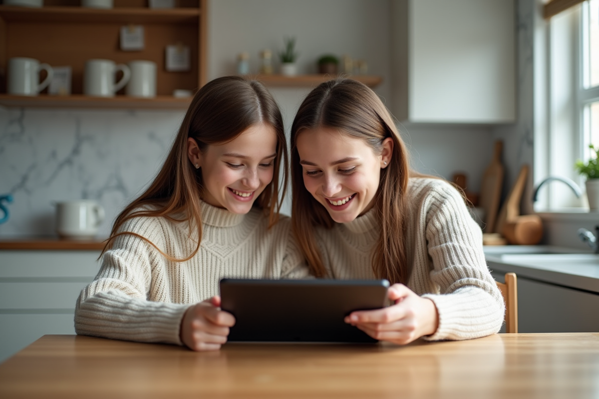 Maman et fille partageant une tablette dans la cuisine chaleureuse