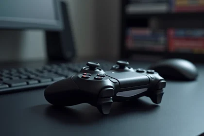 Manette de console de jeu futuriste posée sur un bureau noir mat dans un setup gaming minimaliste