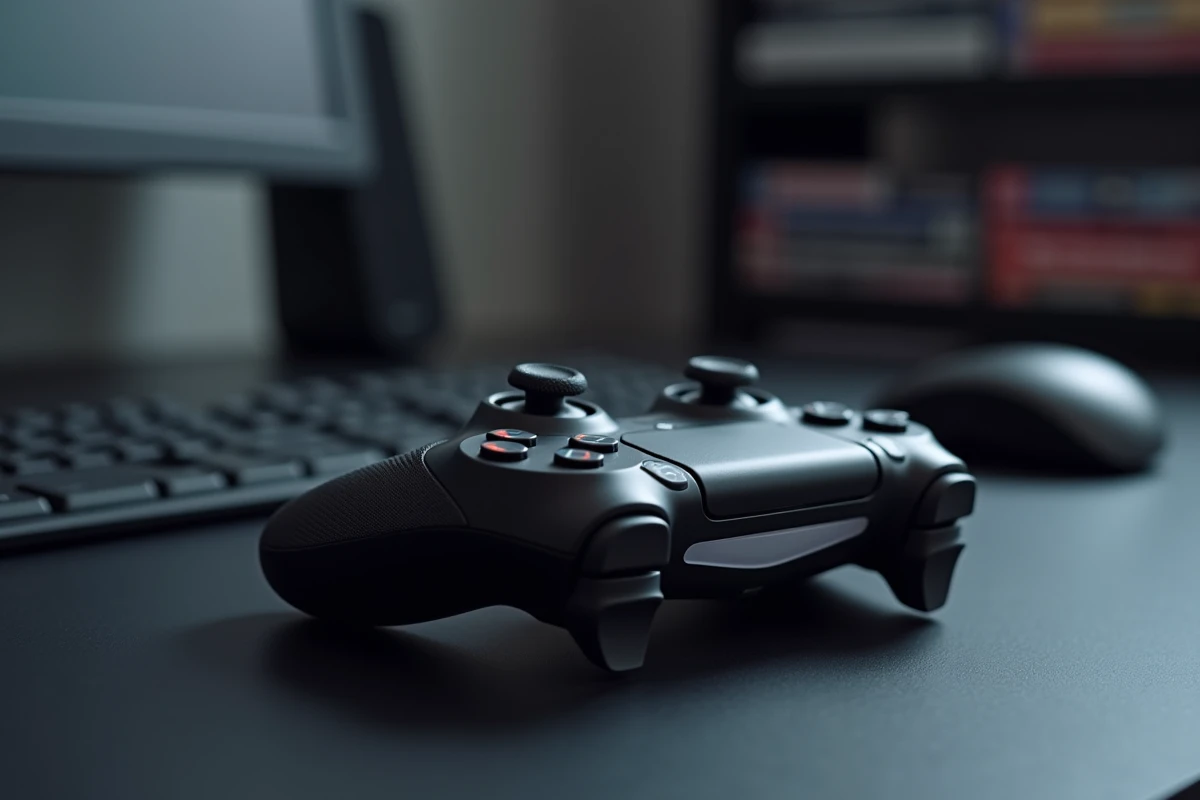 Manette de console de jeu futuriste posée sur un bureau noir mat dans un setup gaming minimaliste