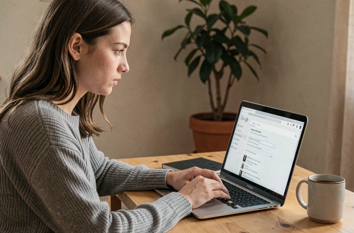 Femme masquant ses recherches Google sur un ordinateur portable dans un bureau à domicile