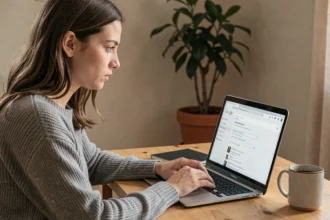 Femme masquant ses recherches Google sur un ordinateur portable dans un bureau à domicile