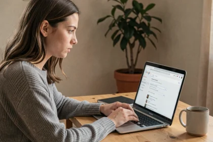 Femme masquant ses recherches Google sur un ordinateur portable dans un bureau à domicile