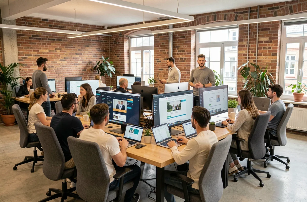Vue d'ensemble d'une agence WordPress moderne en Seine-Maritime avec des professionnels travaillant sur des projets web