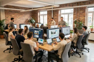 Vue d'ensemble d'une agence WordPress moderne en Seine-Maritime avec des professionnels travaillant sur des projets web
