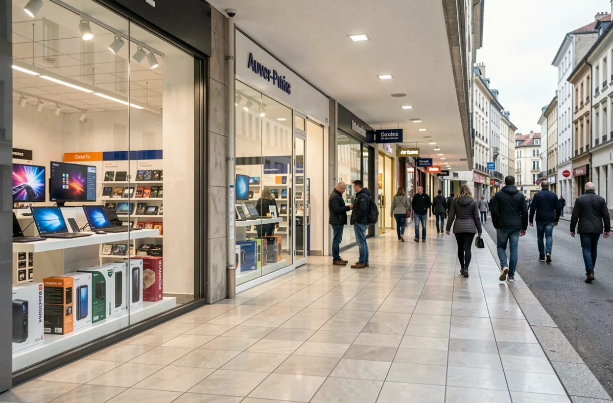 Vue panoramique d'une rue commerçante spécialisée en informatique en Auvergne-Rhône-Alpes avec plusieurs magasins de matériel informatique
