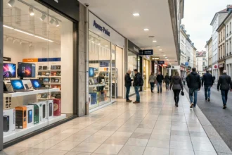 Vue panoramique d'une rue commerçante spécialisée en informatique en Auvergne-Rhône-Alpes avec plusieurs magasins de matériel informatique