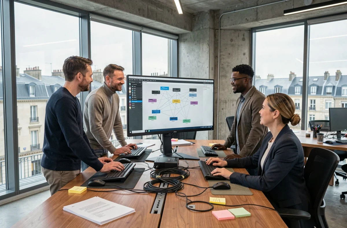 Équipe de professionnels IT en Normandie travaillant autour d'un écran affichant des schémas réseau dans un bureau moderne