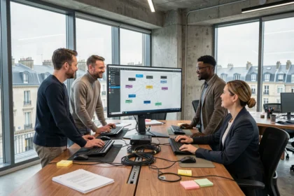 Équipe de professionnels IT en Normandie travaillant autour d'un écran affichant des schémas réseau dans un bureau moderne