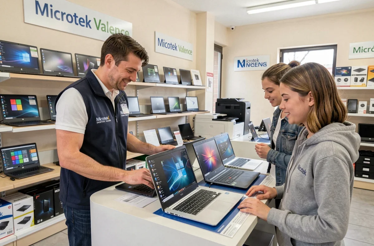 Vendeur de Microtek Valence aidant une cliente à choisir un ordinateur portable dans un magasin informatique de la Drôme