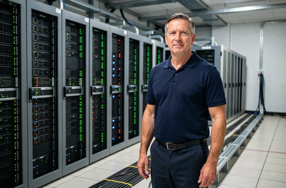 Technicien informatique expérimenté posant dans une salle serveurs à Caen, représentant le prestataire historique NCI