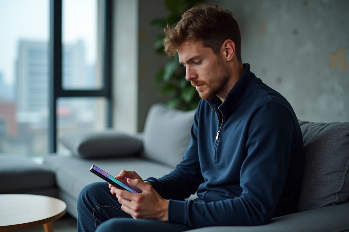 Homme explorant les nouveautés One UI sur un Samsung Galaxy en 2026 depuis son salon