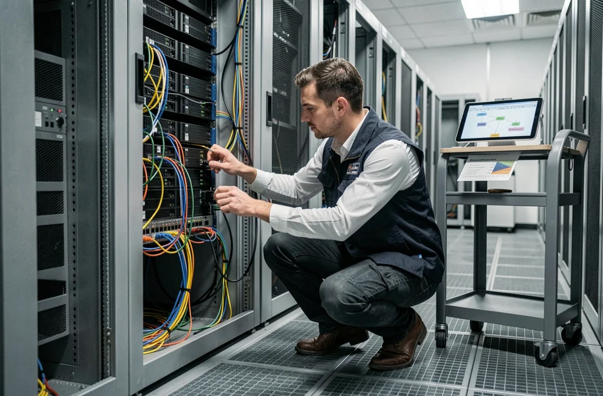 Ingénieur d'OCI installant et câblant des serveurs en rack dans une salle informatique organisée