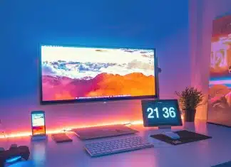 flat screen TV near laptops