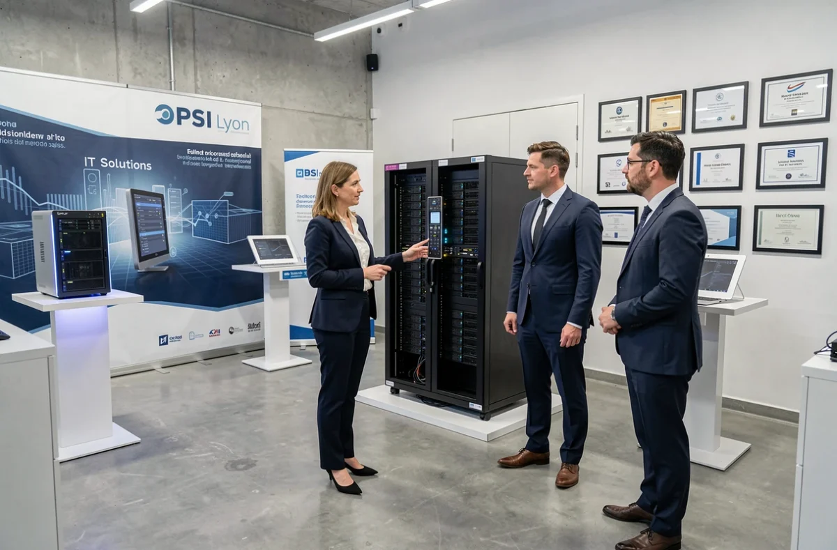 Représentante commerciale d'OPSI Lyon présentant des solutions serveur à des clients professionnels dans un showroom informatique
