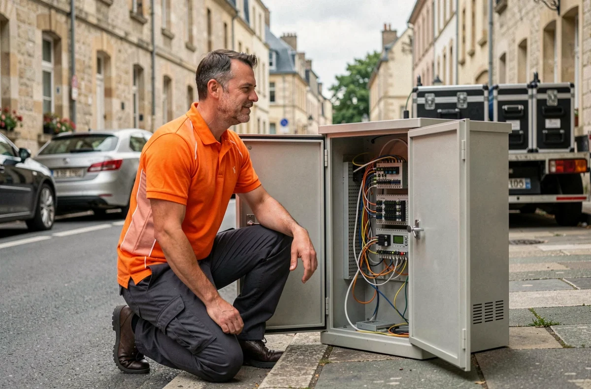 Technicien d'Orange Business Services intervenant sur une armoire télécom en Normandie pour des services de connectivité managés