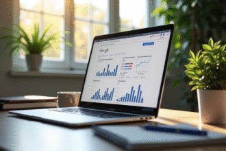 Ordinateur portable affichant des analyses SEO sur un bureau moderne