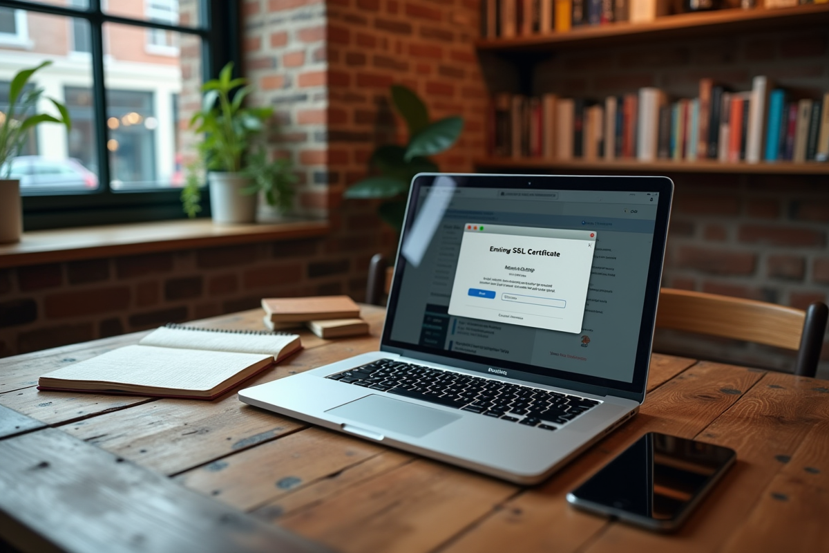 Ordinateur portable avec alerte SSL dans un café cosy