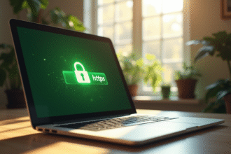 Ordinateur portable avec cadenas vert et HTTPS sur un bureau moderne