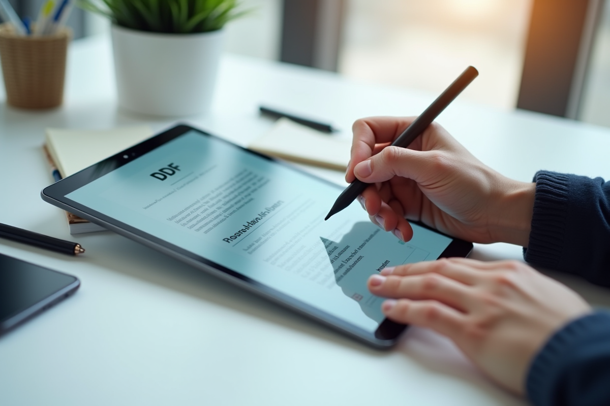 Personne modifiant un PDF sur une tablette avec stylet