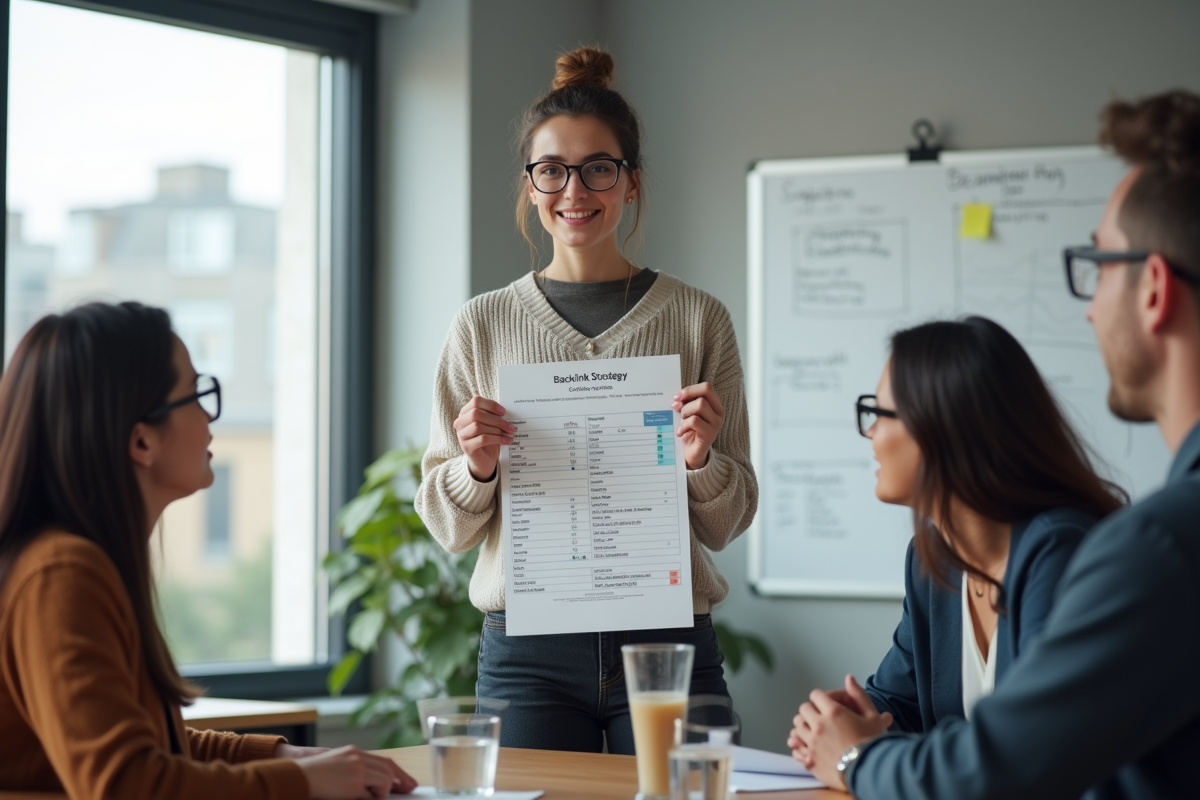 Jeune femme présentant une stratégie de backlinks à un groupe