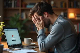 Homme frustré devant un écran d'erreur de connexion webmail sur son ordinateur portable dans un bureau à domicile