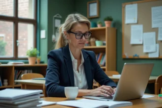 Professeure utilisant un logiciel d'IA sur son ordinateur portable pour suivre les progrès de ses élèves dans la salle des professeurs