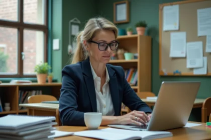 Professeure utilisant un logiciel d'IA sur son ordinateur portable pour suivre les progrès de ses élèves dans la salle des professeurs