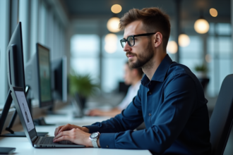 Jeune homme IT concentré sur son ordinateur portable avec cadenas