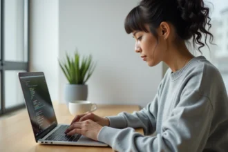 Femme utilisant les raccourcis clavier Mac pour saisir des caractères spéciaux comme le tilde sur un MacBook Pro